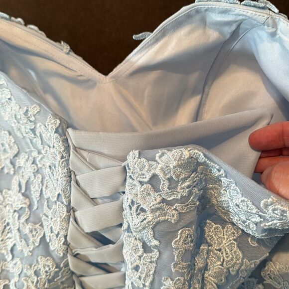Women’s Pale Blue Off the Shoulder Chiffon Bridesmaid Dress Corset Size 16 NWOT - Picture 11 of 13